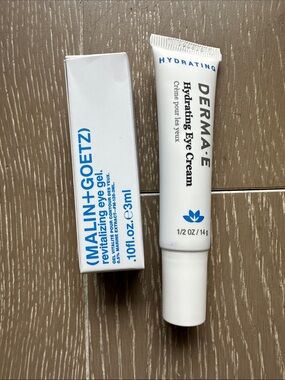 Eye treatment duo Malin Goetz eye gel and Derma E eye cream